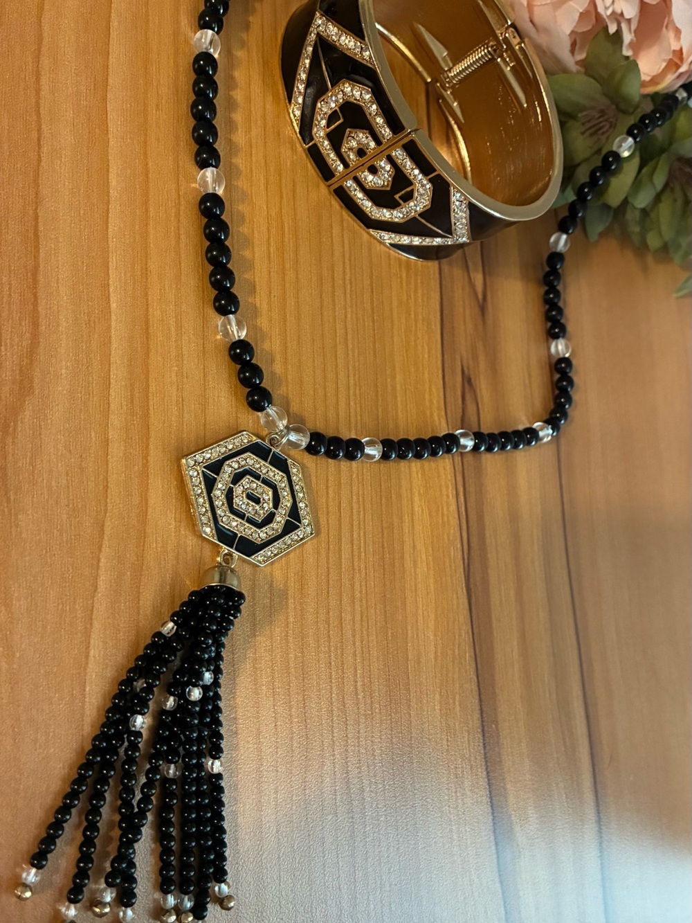 Black and Gold Beaded Tassel Necklace and Bracelet Set
